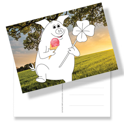 Postkarte DIN A5 mit Schweinchen zum Ausmalen auf Fotohintergrund. Rückseite mit Adressfeld und Schwein-Briefmarke. Ein witziger Postkartengruß. 