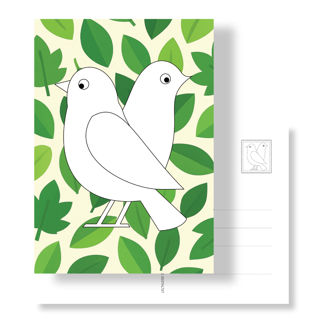 Postkarten mit Vogelmotiv zum Ausmalen auf Fotohintergrund. Rückseite mit Adressfeld und Vogel-Briefmarke. Ein lustiger persönlicher Postkarten-Gruß.