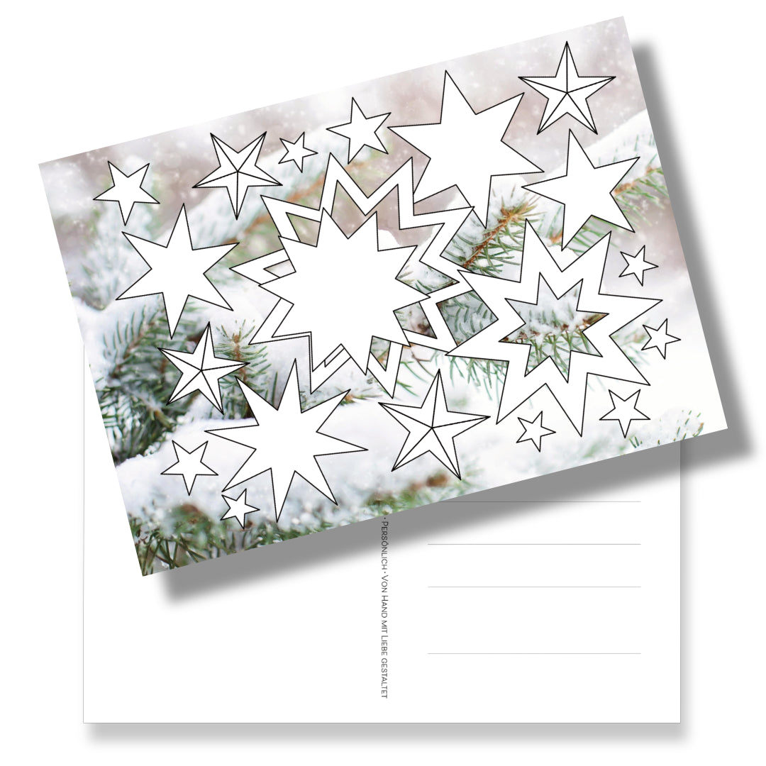 Postkarte mit Sternen zum Ausmalen auf Fotohintergrund. Die neue Art des Malens mit Sinn. 