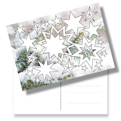 Postkarte mit Sternen zum Ausmalen auf Fotohintergrund. Die neue Art des Malens mit Sinn. 