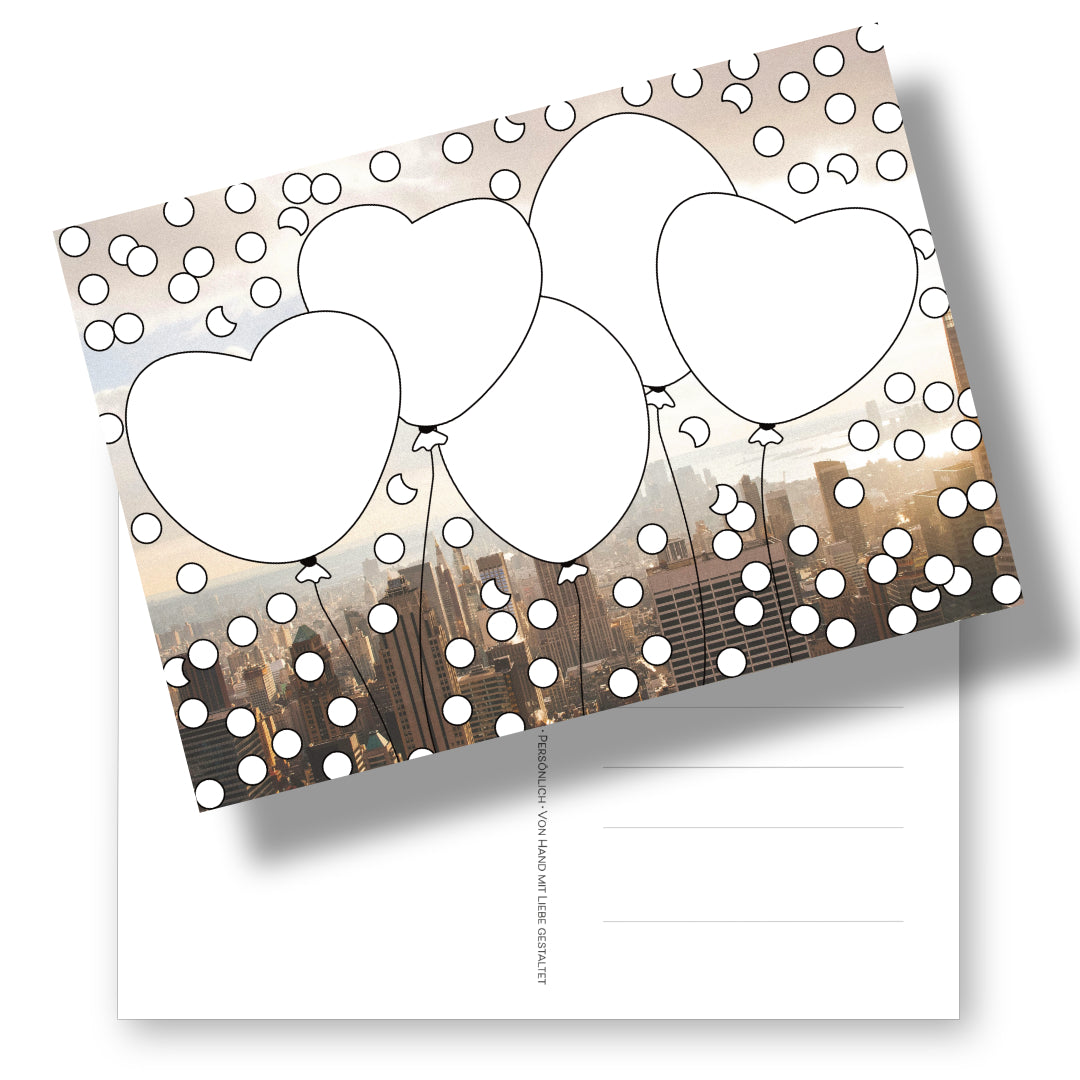 Postkarte mit Ausmalmotiv "Luftballons und Konfetti" auf Fotohintergrund. Die witzige Alternative zum klassischen Malbuch.