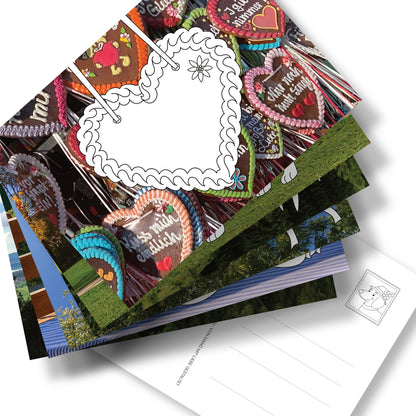 Postkarten-Set "Bayern" aus 6 Postkarten mit bayrischen Ausmalmotiven auf Fotohintergrund. Rückseite mit Adressfeld und bayrischer Briefmarke. Die kreative Art aus Bayern Grüße zu verschicken.