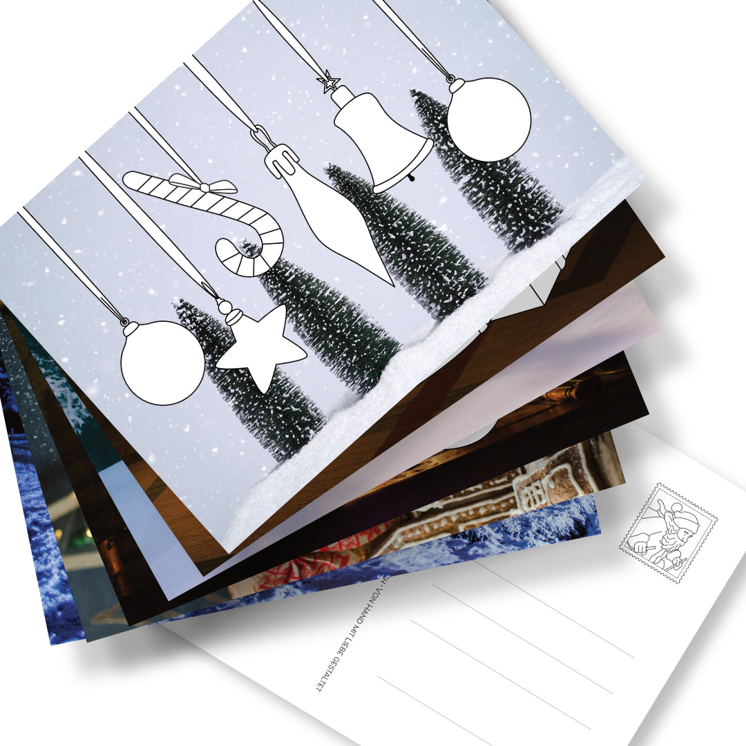 Postkarten-Set mit 6 weihnachtlichen Postkarten zum Ausmalen auf Fotohintergrund. Rückseite mit Adressfeld und weihnachlicher Briefmarke. Persönlicher kann Weihnachtspost nicht sein auch eine wunderschöne Geschenkidee.