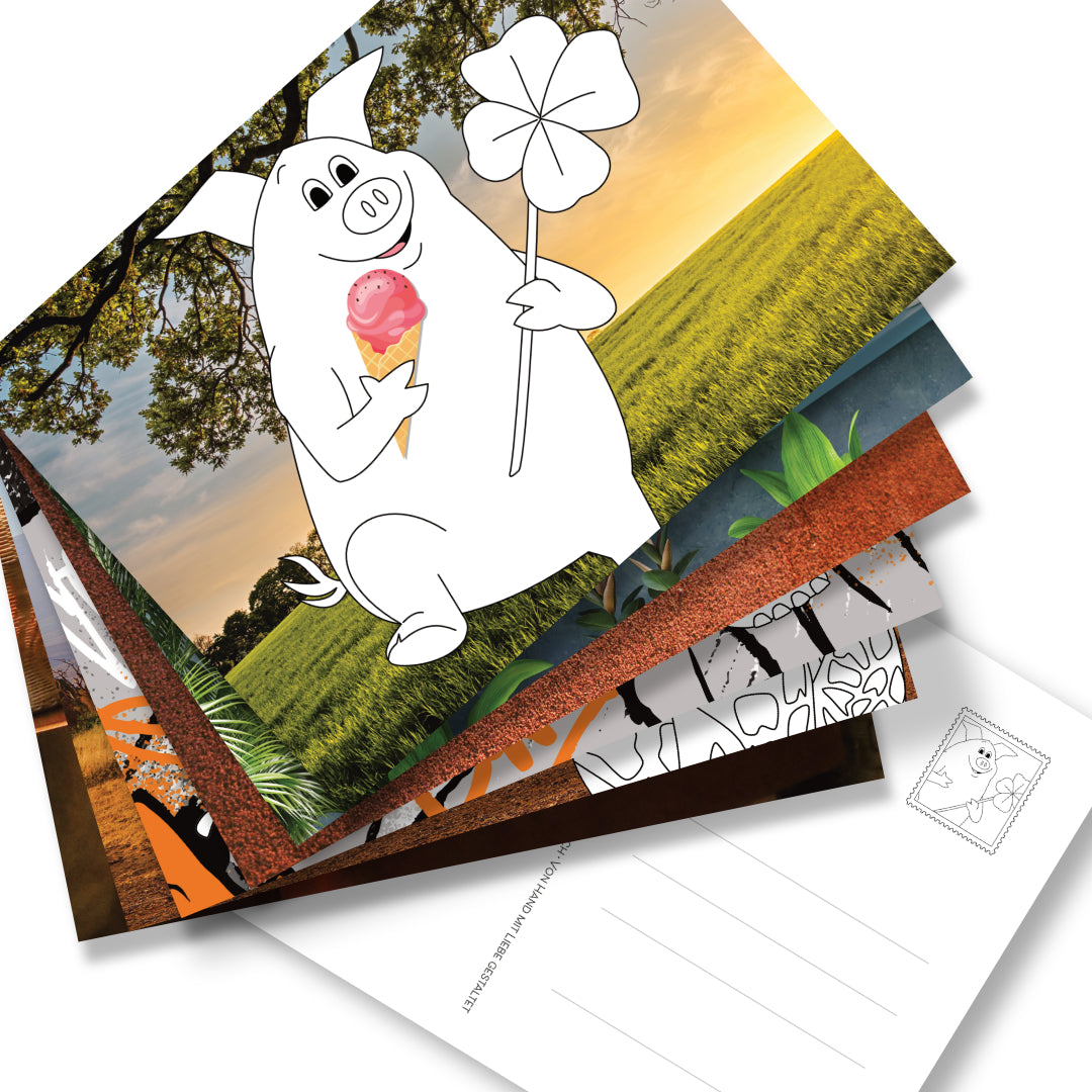 Postkarten-Set "Smile" in DIN A5 Format mit unterschiedlichen Postkarten. Alle Ausmalmotive sind auf Fotohintergrund und mit verschiedenen Malwerkzeugen bemalbar. Eine wunderschöne persönliche Art Postkarten zu verschicken und eine preisgünstige Geschenkidee. 