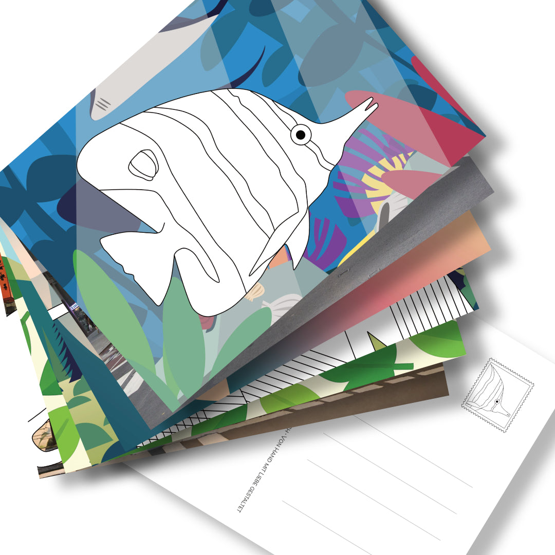 Postkarten-Set DIN A5 "Color-Pop" bestehend aus 6 Postkarten mit Ausmalmotiven auf Fotohintergrund. Rückseit mit Adressfeld und witzig gestalteten Briefmarken.Die piffige Postkarte mit persönlichen liebevollen Touch. 