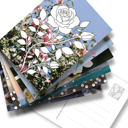 Postkartenset mit 6 Motiven zum Ausmalen und unterschiedlichen Fotohintergründen. Rückseite mit Adressfeld und gestalteten Briegmarken. Die neue Art des Malbuchs. Ausmalen und verschicken. 