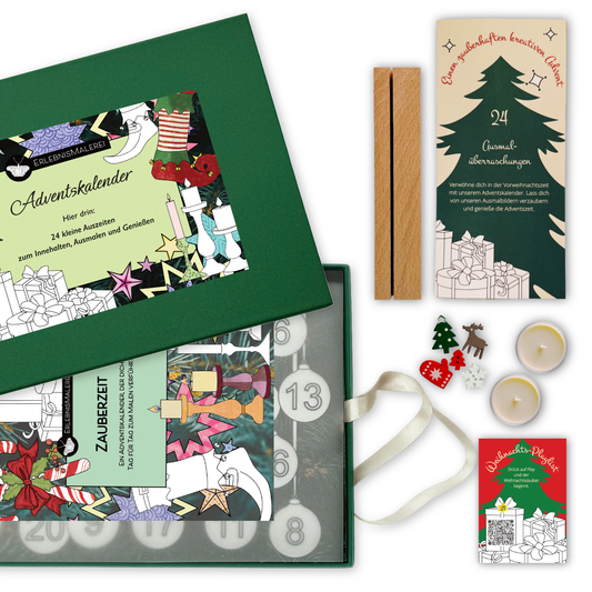 Adventskalender zum Ausmalen mit Zubehör: 24 Ausmalbilder, Teelichter, Weihnachtsdeko, Playlist und Anleitung in edler Geschenkbox mit Schleife.