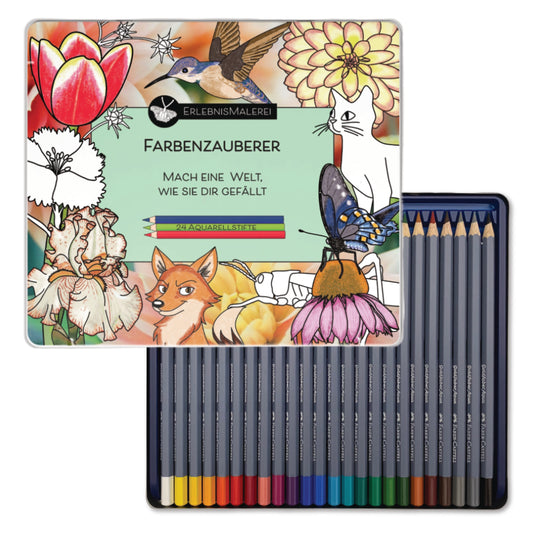 24 Faber-Castell Aquarellstifte im Metalletui verziert mit dem farbenfrohen ErlebnisMalerei Emblem.