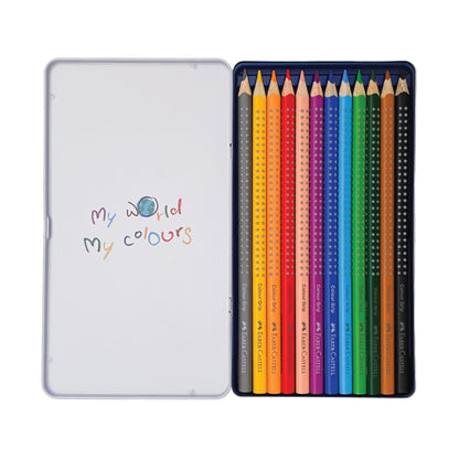 12 Buntstifte von Faber-Castell in einer Reihe für einfachen Zugriff und Übersichtlichkeit.
