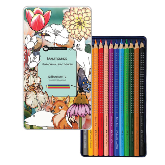 Set aus 12 Buntstiften von Faber-Castell. Präsentiert im Metalletui mit ErlebnisMalerei Emblem. Ideal für kreatives Malen und Zeichnen. Die Dtifte bieten eine hohe Farbintensität und eine gleichmäßige Farbabgabe.
