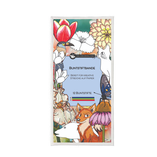 Buntstiftbande Verpackung von ErlebnisMalerei. Farbenfrohe Illustration mit Blumen, Tieren und Schmetterling, enthält 12 hochwertige Buntstifte für kreatives Malen.