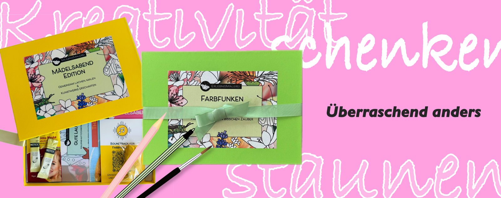 Kreative Geschenkbox mit Malkarten. Mädelsabend Edition und Farbfunken Geschenkbox. Einzigartiges Kreativgeschenk, überraschend anders. Hintergrund pink mit Text weiß: Kreativität, Schenken, staunen.