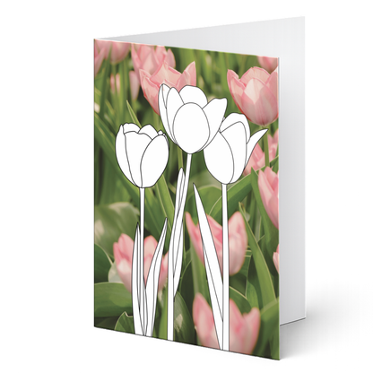 Ausmalbare Tulpen-Grußkarte - Rosa und weiße Frühlingsblumen 
zum Selbstgestalten
