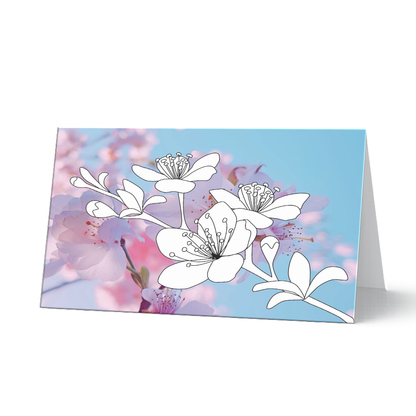 Grußkarte aus dem Grußkarten-Set (5 Stück) "Frühlingsgrüße" zum Ausmalen auf Fotohintergrund. Detaillierte Kirschblüten als Ausmalvorlage vor einem hellblauen Fotohintergrund mit rosa Kirschblüten.