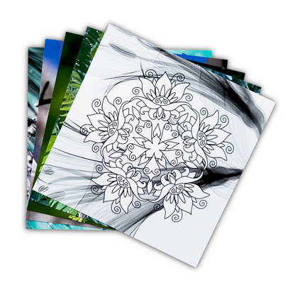 Grußkarten-Set 21×21 cm mit Mandala-Motiven in Grün-, Blau-, Türkis- und Schwarz-Weiß-Tönen auf Fotohintergrund. 5 kreative Karten zum Ausmalen. Wunderschöne Alternative zum herkömmlichen Malbuch.