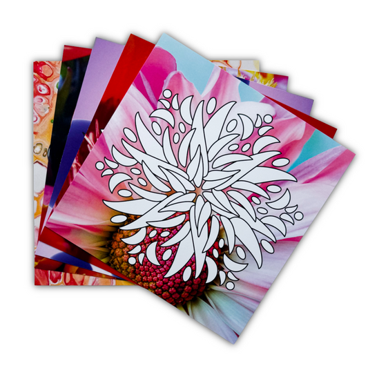 Grußkarten-Set 21×21 cm mit Mandala-motiven auf Fotohintergrund, 5 verschiedene Karten zum Ausmalen. Kreative und persönliche Geschenkidee
