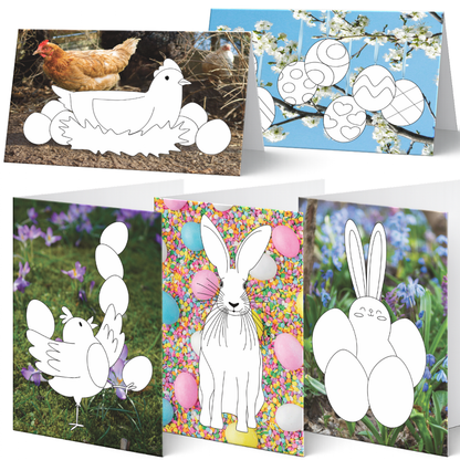 Österliches Grußkarten-Set "Hasenglück & Eierspaß" zum Ausmalen auf Fotohintergrund. 5 verschiedene Motive: Henne mit Eiern im Nest, hängende Ostereier vor Kirschblüten, Küken mit Eiern auf einer Wiese, Osterhase vor buntem Konfetti-Eier-Hintergrund und Hase mit Eiern zwischen blauen Frühlingsblumen.