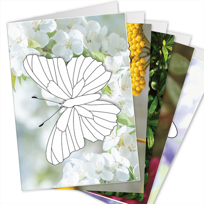 Grußkarten zum Ausmalen mit Schmetterlingen auf echten Fotos von lila Blüten, weißen Blüten, gelben Blumen und grünen Blättern.