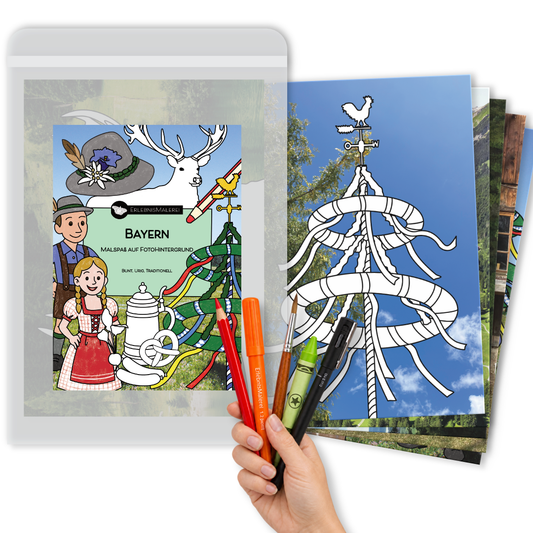 Ausmalbilder für Erwachsene Bayern: Set mit 5 Malkarten auf echtem Fotohintergrund mit Maibaum, Tracht, Brezen, Trachtenhut, als Alternative zum Malbuch