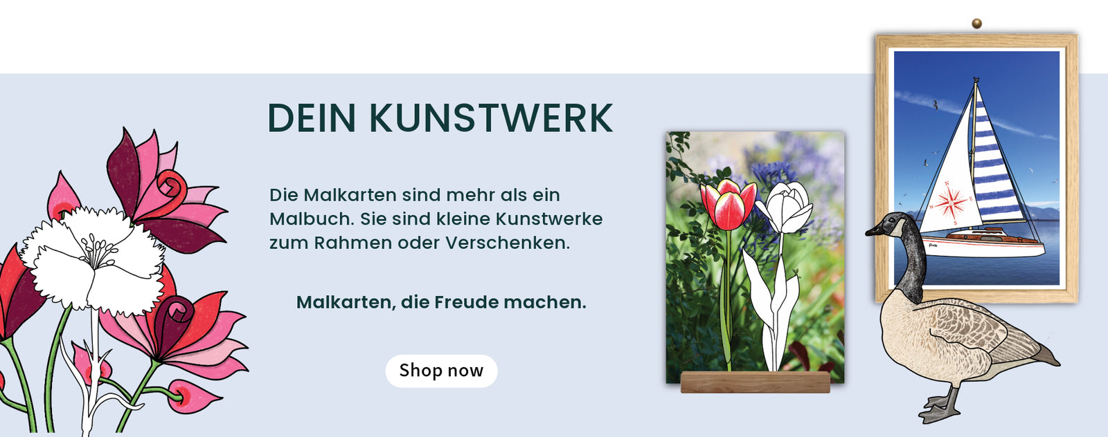 Die Malkarten können gegenüber dem Malbuch leicht verschenkt, gerahmt oder durch ihr Gewicht aufgestellt werden.
