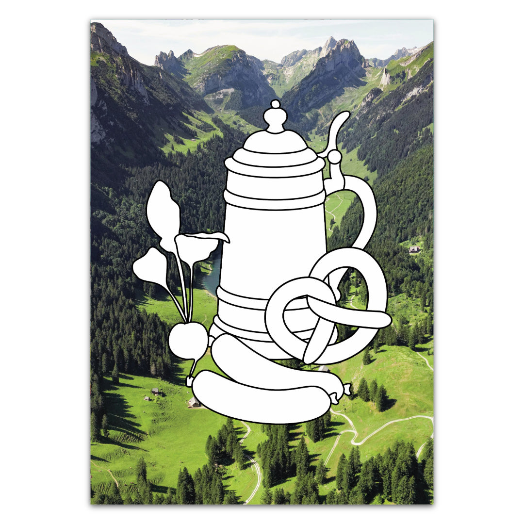 Malkarte mit Maßkrug, Breze und Radieschen. Bayrische Genussmotive als Alternative zum Malbuch.