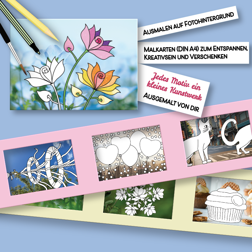 Collage von Malkarten auf Fotohintergrund in DIN A4 Format. Oben links: Drei Lotusblüten in Rosa, Orange und Gelb, teilweise ausgemalt, auf verschwommenem Natur-Fotohintergrund. Drei Buntstifte und Pinsel liegen darauf. Textfelder rechts: Ausmalen auf Fotohintergrund, Malkarten (DIN A4) zum Entspannen, Kreativsein und Verschenken, Jedes Motiv ein kleines Kunstwerk, Ausgemalt von dir. Unten auf rosa und gelbem Streifen: Weitere Ausmalvorlagen mit verschiedenen Motiven.