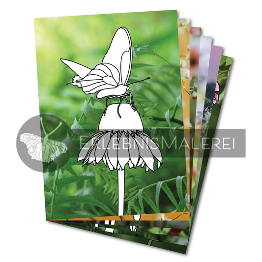 Malbuch aus Einzelseiten mit zarten Blütenmotiven – vorne eine Ausmalkarte mit einem Schmetterling auf einer Blume, vor einem lebendigen Fotohintergrund aus frischem Grün; dahinter weitere florale Ausmalmotive aus dem Set Blütenzauber von ErlebnisMalerei.