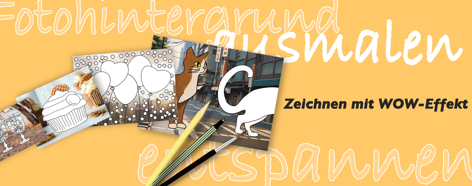 Ausmalbare Malkarten mit Fotohintergrund.  Malbuch-Alternative für Erwachsene. Text: Zeichnen mit WOW-Effekt. Hintergrund Senfgelb mit Schriftzug Fotohintergrund , ausmalen, entspannen.