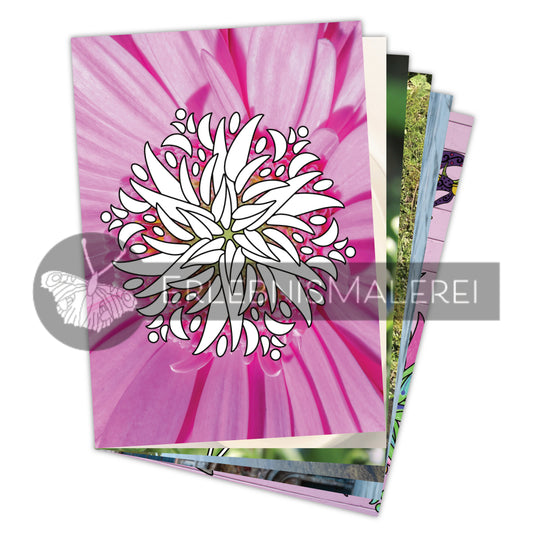 Malset Kunterbunt ein Malbuch aus Einzelseiten zum Ausmalen.  Vorne  eine Ausmalkarte mit verspieltem Blütenmandala auf einem pinken Blüten-Fotohintergrund, dahinter weitere farbenfrohe Motive für kreative Auszeiten.