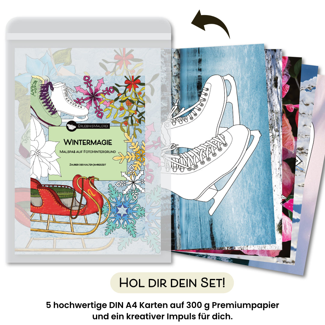 Ein Produktfoto zeigt das Malkarten Set „Wintermagie“ von ErlebnisMalerei, ein winterliches Malbuch aus fünf Einzelkarten. Die Titelkarte zeigt Motive wie Schlittschuhe, Misteln, Schneeflocken, Weihnachtssterne und einen roten Schlitten. Rechts daneben sind die fünf DIN A4 Karten mit Winterfotohintergründen aufgefächert. Unten steht „Hol dir dein Set!“ sowie der Hinweis auf hochwertiges Papier und kreativen Impuls.