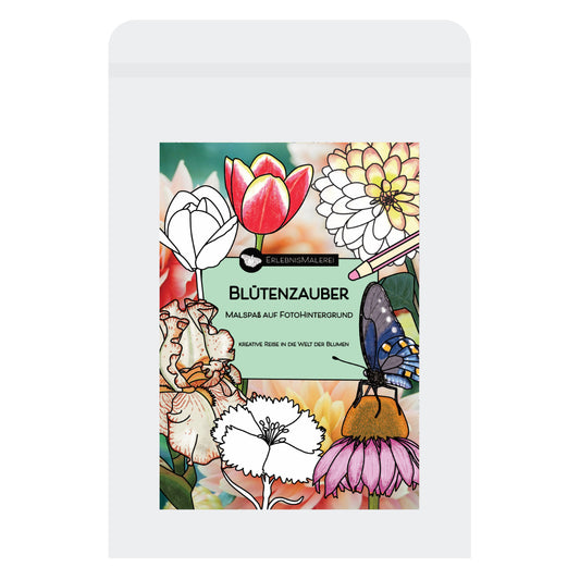 Malkarten-Set Blütenzauber mit Nelke, Sonnenhut, Gladiole, Tulpe und Dahlie. Ausmalen hat noch nie so Spaß gemacht.