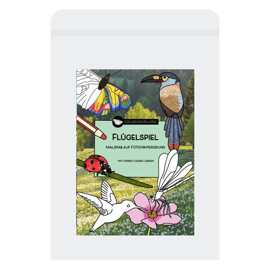 Im Malkarten Set Flügelspiel das Set als Alternative zum Malbuch gibt es eine Schmetterling, Marienkäfer, Libelle, Kolibri, Tukan und eine Inspiationskarte