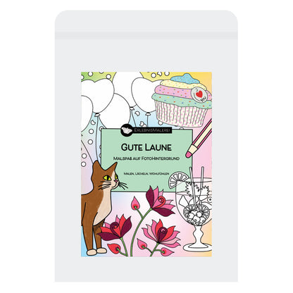 Malkarten-Set Gute Laune mit Katze, Blume, Drinks, Muffig, Luftballon. Die kreative Alternative zum Malbuch.