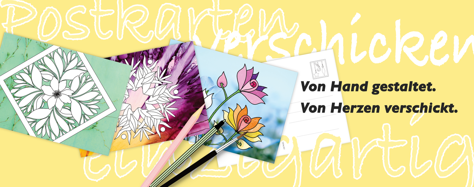 Postkarten ausmalen und verschicken. Einzigartige Ausmal-Postkarten mit Fotohintergrund. Text: Von Hand gestaltet, von Herzen verschickt. Hintergrund gelb mit Text: Postkarten, verschicken, einzigartig.