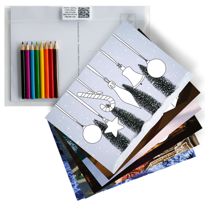 Geschenkset mit Postkarten zum Ausmalen auf Fotohintergrund und Buntstiften, persönliche Malbuch-Alternative.