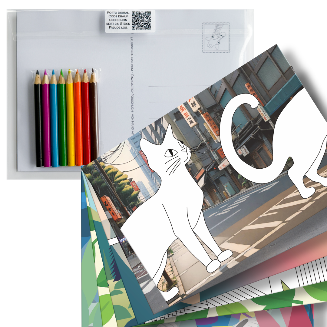 Postkarten-Set "Color Pop" (6 Stück) mit 8 Buntstiften. Gezeigt wird das Set gefächert. Obenauf liegt ein Ausmalkarte mit dem Ausmalbild von 2 Katzen auf einem Fotohintergrund mit einer Großstadt. Im Hintergrund wird die Rückseite der Postkarte gezeigt und die 8 Buntstifte in den Farben schwarz, lila, blau, grün, gelb, orange, rot und braun. 