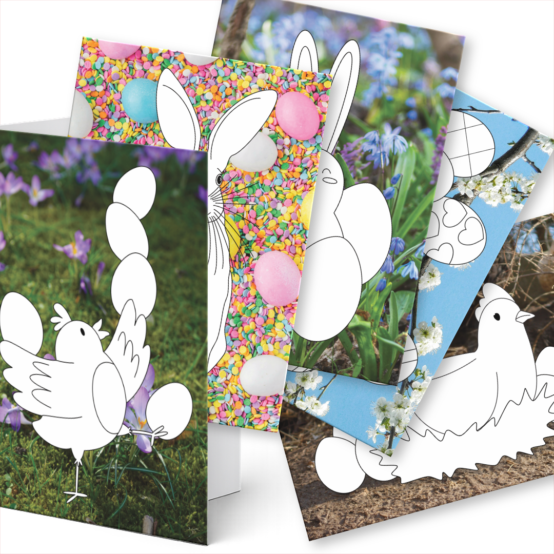 Postkartenset zum Ausmalen für Ostern: Osterhase, Küken, Henne und Ostereier auf echte Fotos mit Frühlingsblumen und Zuckerstreuseln.
